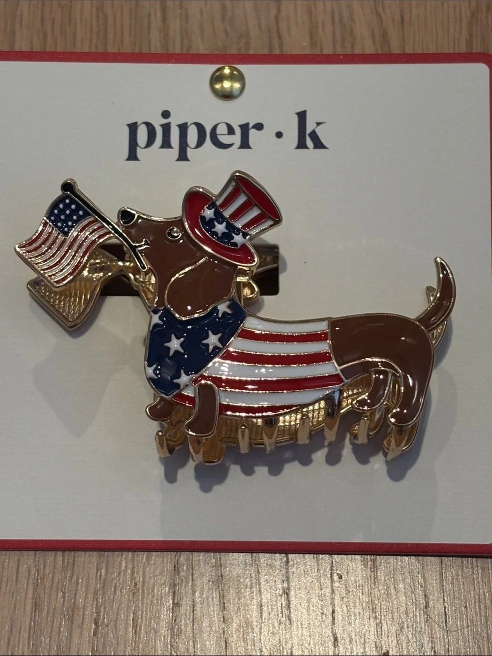 NWT Piper K Patriotic Dachshund Enamel hair claw clip in Red, White & Blue